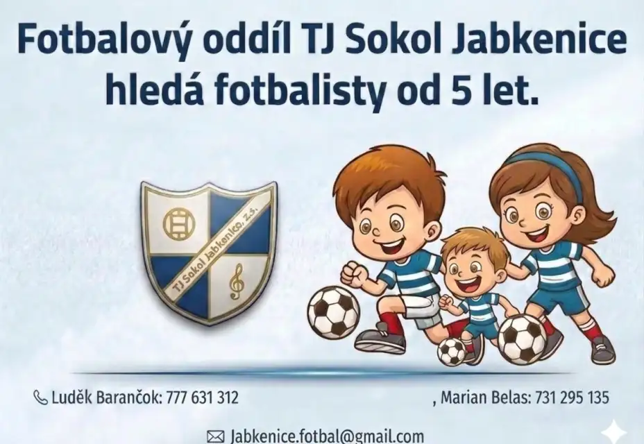TJ Sokol Jabkenice hledá mladé fotbalisty.