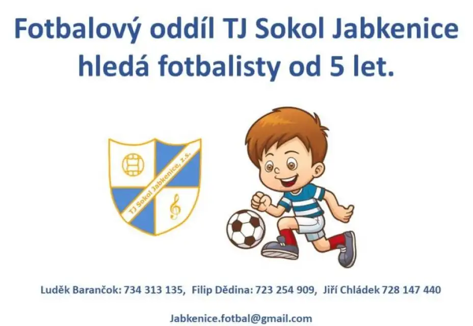TJ Sokol Jabkenice hledá mladé fotbalisty.
